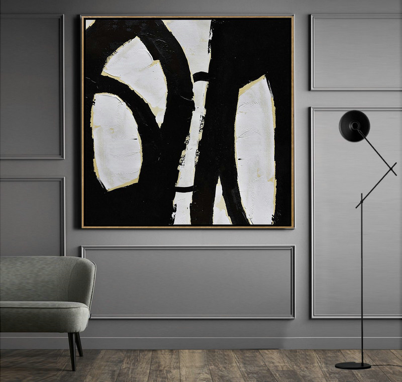 Large Contemporary Art Acrylic Painting,Handmade Minimal Art Palette Knife Canvas Painting, Black White Beige - Large Paintings For Living Room